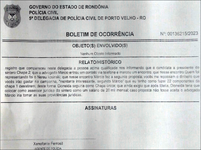  Candidata a presidente do Sintero pela Chapa 2 denuncia que está sendo chantageada e procura Polícia