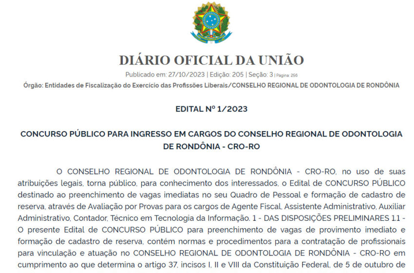  Conselho Regional de Odontologia de Rondônia divulga edital de concurso com salários de até R$ 3.636,00