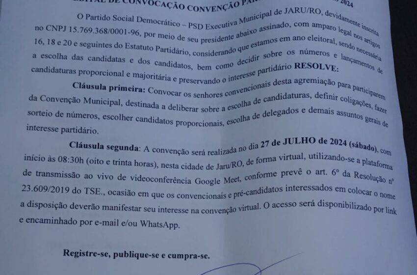  Jaru: PSD anuncia Convenção Partidária para as Eleições de 2024