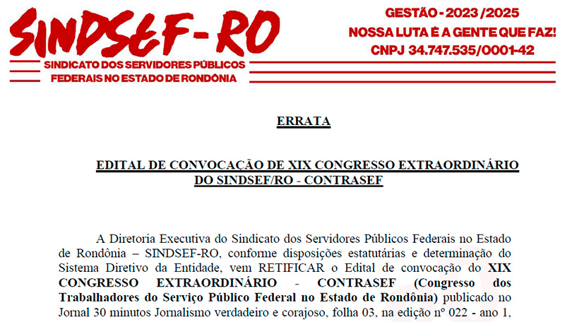  Errata Edital de Convocação do XIX Congresso Extraordinário do Sindsef/RO