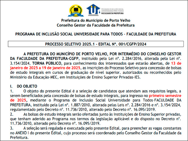  Faculdade da Prefeitura de Porto Velho abre inscrições dia 13 e oferece 126 vagas de cursos superiores