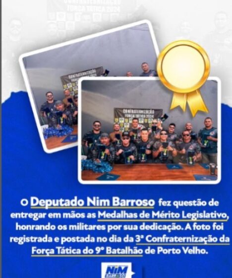  O Deputado Nim Barroso fez questão de entregar em mãos as Medalhas de Mérito Legislativo, honrando os militares por sua dedicação.