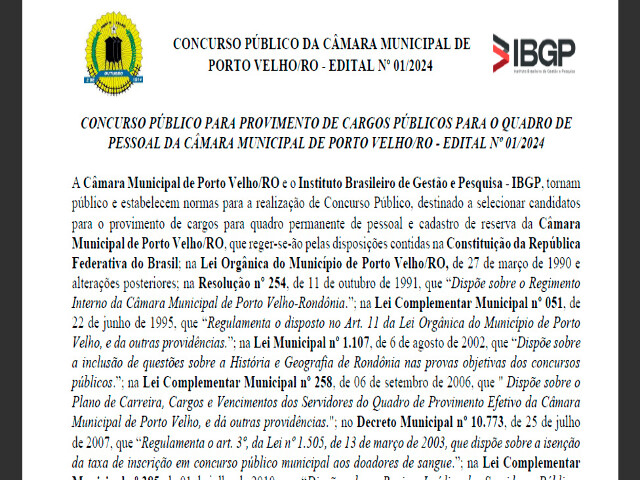  Câmara de Porto Velho divulga edital de concurso com mudança de até R$ 7.771,35