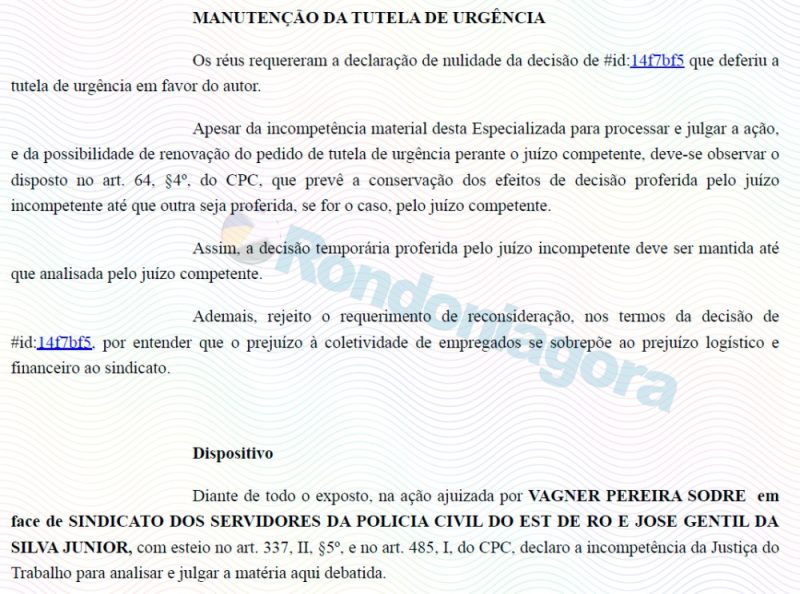A Justiça do Trabalho se declara incompetente, mas mantém suspensão de eleição no Sindicato de Policiais Civis de Rondônia