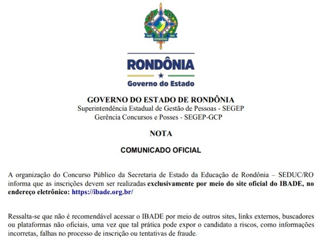 Alerta: as inscrições para concurso da Seduc devem ser feitas exclusivamente no site oficial do Ibade