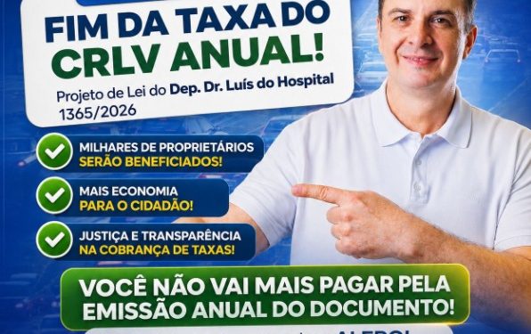 Foi aprovado na ALE/RO o Projeto de Lei nº 1365/2026, do *Dep. Dr. Luís do Hospital*, que acaba com a taxa anual do CRLV.