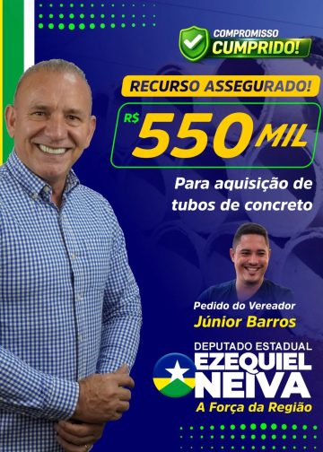 O deputado estadual Ezequiel Neiva garantiu o recurso de R$ 550 mil para a aquisição de tubos de concreto