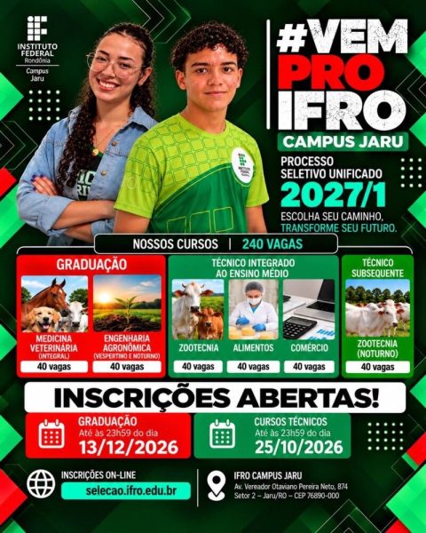 Estão abertas as inscrições para o Processo Seletivo Unificado 2027/1, com 240 vagas em cursos de graduação e técnicos!